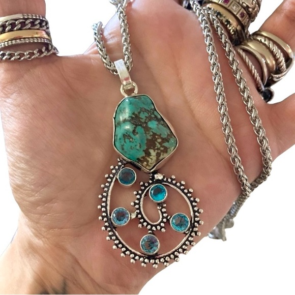 925 Sterling silver overlay natural blue turquoise spiral design necklace - Picture 3 of 10